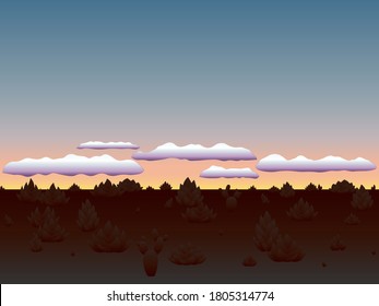 Dawn clouds in the sky above the desert with agaves and cactus. The sky brightens before sunrise