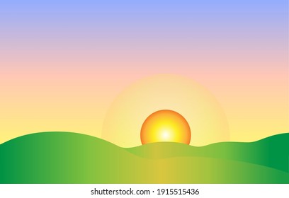 Dawn in the fields, green hills and gradient sky, bright sun. Illustration vector ENP 10, flat desing background.