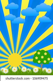 Dawn Flower Fields flooded with sunlight vector illustration