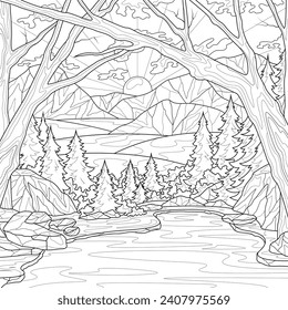 Amanecer y el lago. Paisaje.Colorante libro antiestrés para niños y adultos. Ilustración aislada en fondo blanco.Dibujo manual