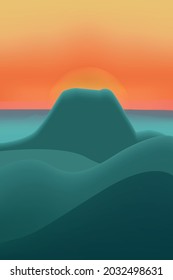 Dawn landscape with a high mountain