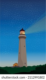 Dawn landscape with lighthouse in flat style. The lighthouse shines at night.