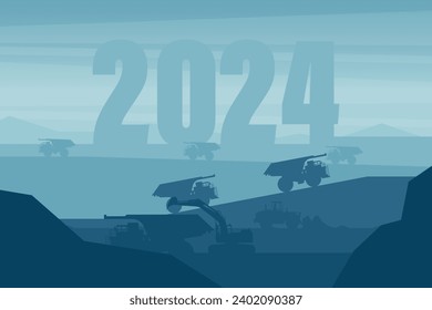 Amanecer en una extracción minera con el año 2024 en el fondo con maquinaria pesada como un camión de minería, cargador frontal y una excavadora de rayas. Celebrando el comienzo de un feliz año nuevo