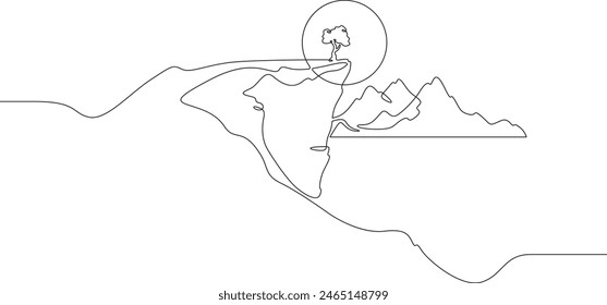 Dawn in the mountains. Lake, rocks, sea. Sunset against the backdrop of a mountain landscape. Sun silhouette. Lonely tree on a rock. One continuous line. Line art.Minimalism one line. White background