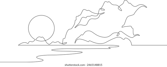 Dawn in the mountains. Lake, rocks, sea. Sunset against the backdrop of a mountain landscape. Sun silhouette. Lonely tree on a rock. One continuous line. Line art.Minimalism one line. White background