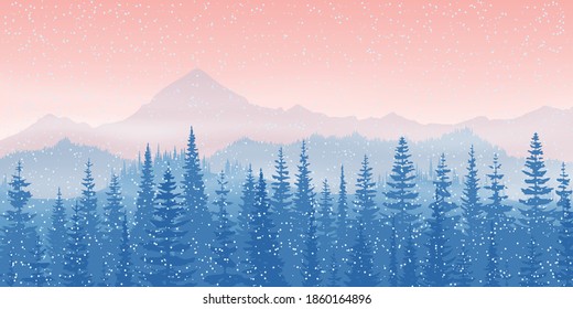 Dawn in the mountains, winter morning. Forest, peaks in the haze. Vector landscape.