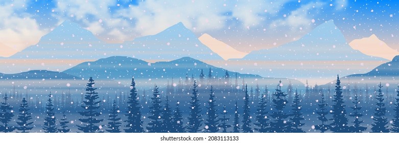 Dawn in the mountains, winter morning. Forest, peaks in the haze. Vector landscape, banner.