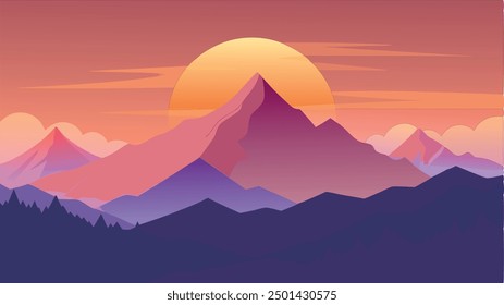 a dawn on a foggy peak landscape art