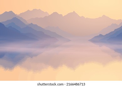 Dawn on the lake, mountain peaks, picturesque reflection