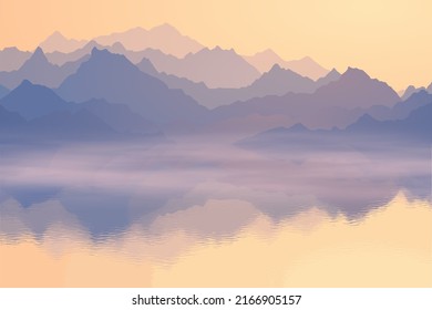 Dawn on the lake, mountain peaks, picturesque reflection