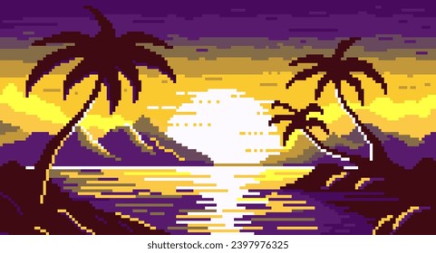 Dawn on pixel island with palm trees background. Colorful purple 8bit sea with waves and yellow sun setting behind mountains and clouds in 80s retrowave vector style