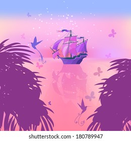 Dawn on the sea. Ancient ship and exotic birds. Fantasy illustration