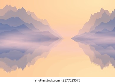 Dawn on the sea bay, fjord, picturesque reflection