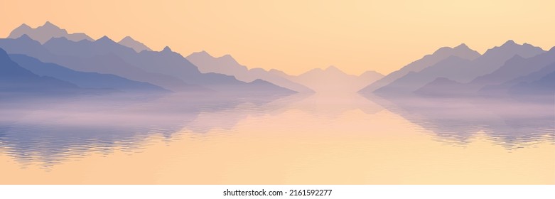 Dawn on the sea bay, mountain peaks, picturesque reflection, panoramic view