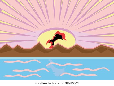 dawn on the sea and dolphins. Illustration.
