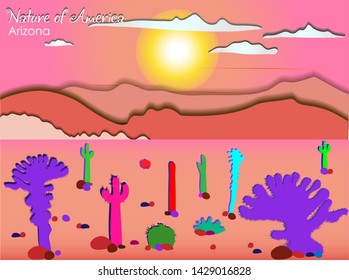 Dawn over the desert. Vector drawing. From the nature of America series. Arizona near dawn.