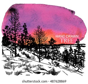 
Dawn over the forest . Morning in the forest. Vector freehand drawing with watercolor paint stains .