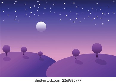 Dawn over the hills under the starry sky flat. Vector illustration. Night scape with trees moon and stars vector illustration