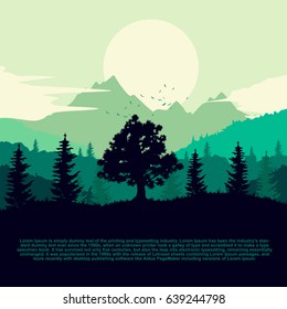 Dawn over land with silhouette of forest, mountains and clouds on the sky