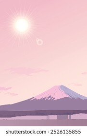 Dawn over Mount Fuji. Morning view of the landmark of Japan. Design for travel banners, journey, invitations. Landscape with a sunrise. Realistic vector background. View of the rising sun.