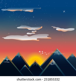 Dawn over the mountains visible stars propyvayut clouds.
