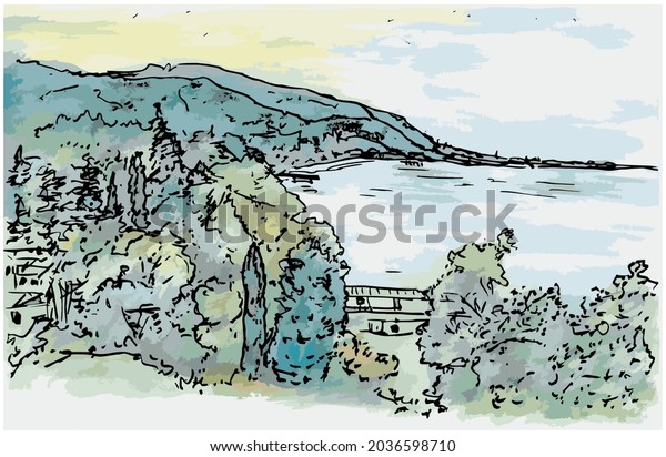 Акварельный пейзаж, пляж Мокко, бухта Сухумская, Абхазия, рисунок художника Андрея Бондаренкоа - векторное изображение в портфолио на Shutterstock