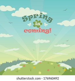 Dawn over the spring landscape illustration with headline