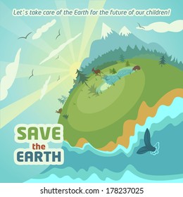 Dawn over the virgin nature landscape. Save the Earth eco poster