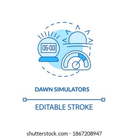 Icono de concepto de simuladores de amanecer. Consejos para facilitar la ilustración de línea delgada de la idea de SAD. Tratamiento del trastorno afectivo estacional. Dormir, mejorar el estado de ánimo. Dibujo de color RGB con contorno aislado del vector. Trazo editable