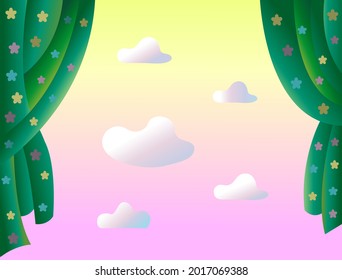 Dawn sky with small clouds through a window with green curtains. The theme of a clean, peaceful sky, ecology, poetry, dreams.