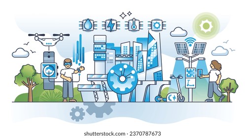 Dawn of smart cities and modern IOT technology connection outline concept. Society progress and access to urban mobility, effective connections and automation vector illustration. New infrastructure.