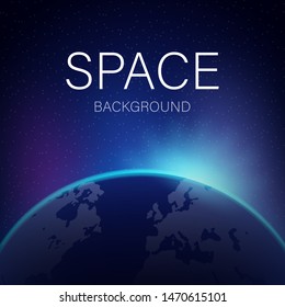 Dawn from space. Rising sun behind the earth. Vector stock illustration.