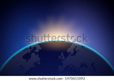 Dawn from space. Rising sun behind the earth. Vector stock illustration.