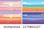 Dawn, sunset, night, day. Summer tropical beach with sun mountains and islands. Landscape, nature vacation, ocean or sea seashore.Vector cartoon illustration.