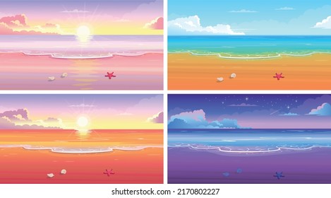 Dawn, sunset, night, day. Summer tropical beach with sun mountains and islands. Landscape, nature vacation, ocean or sea seashore.Vector cartoon illustration.