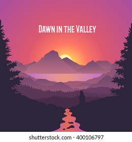 Dawn in the Valley. Summer sunrise landscape. Forest, lake, river, mountains and sun. Beautiful vector background. 