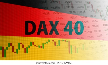 DAX 40. Index of 40 selected German blue chip stocks traded on the Frankfurt Stock Exchange. Candlestick pattern, price quotation, and flag of Germany.