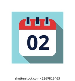 Day 02. Flat daily calendar icon in vector. Scheduled date, day of the month. Holiday. Season.