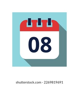 Day 08. Flat daily calendar icon in vector. Scheduled date, day of the month. Holiday. Season.