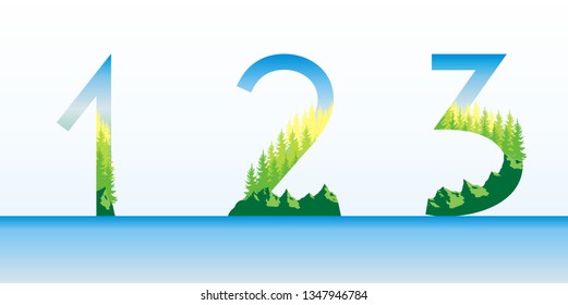DAY 1 2 3 Modern Vector Number Nature Realms Earth in Flat Design. Decorative element for design of banners, flyers and much more.
