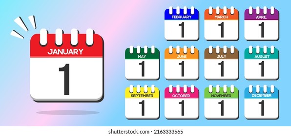 Day 1. Calendars with the 1st of each month, in vector and different colors
