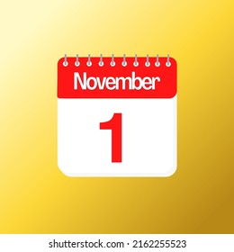 Day 1 of November month with red calendar design and yellow background with 3d shadow