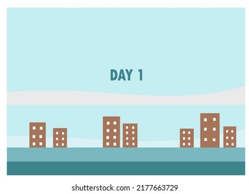 Day 1 (one) background with silhouettes of clouds, buildings and land. Suitable for presentations or website display.