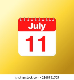 Day 11 of july month with red calendar design and yellow background with 3d shadow vector illustration 