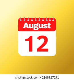 Día 12 del mes de agosto con diseño de calendario rojo y fondo amarillo con ilustración vectorial de sombra 3d 
