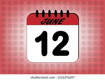 Day 12 June calendar. Banner with calendar page template for june days in red color with polka dot background