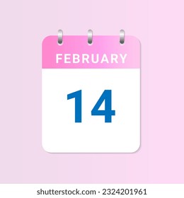 Day of 14th February. Daily calendar of February month on white paper note. Vector