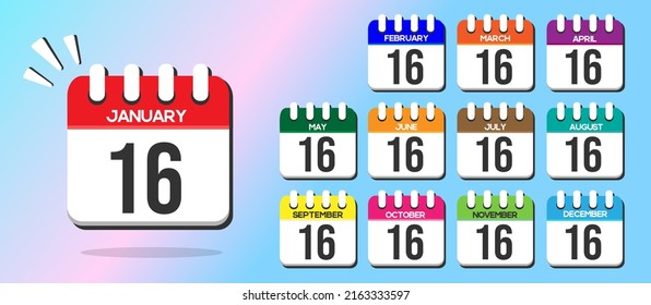 Day 16. Calendars with the 1st of each month, in vector and different colors