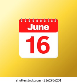 Día 16 del mes de junio con diseño de calendario rojo y fondo amarillo con sombra 3d
