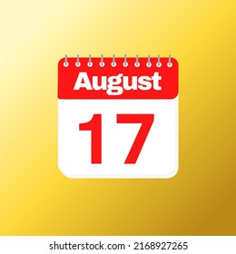 Día 17 del mes de agosto con diseño de calendario rojo y fondo amarillo con ilustración vectorial de sombra 3d 